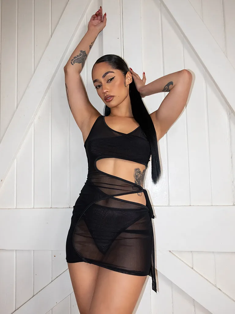 Black Amber Mesh Dress with Cut-Out Details