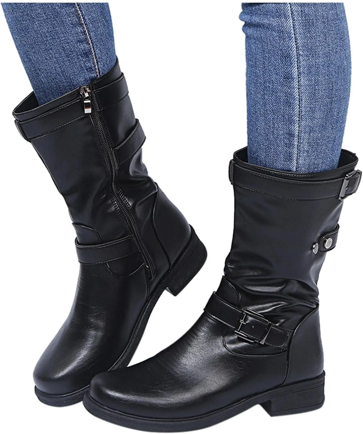 Bcshiye Womens Mid Calf Booties Winter Round Toe Low Heel Comfort Slouchy Riding Booties with Side Zipper Buckle Strap