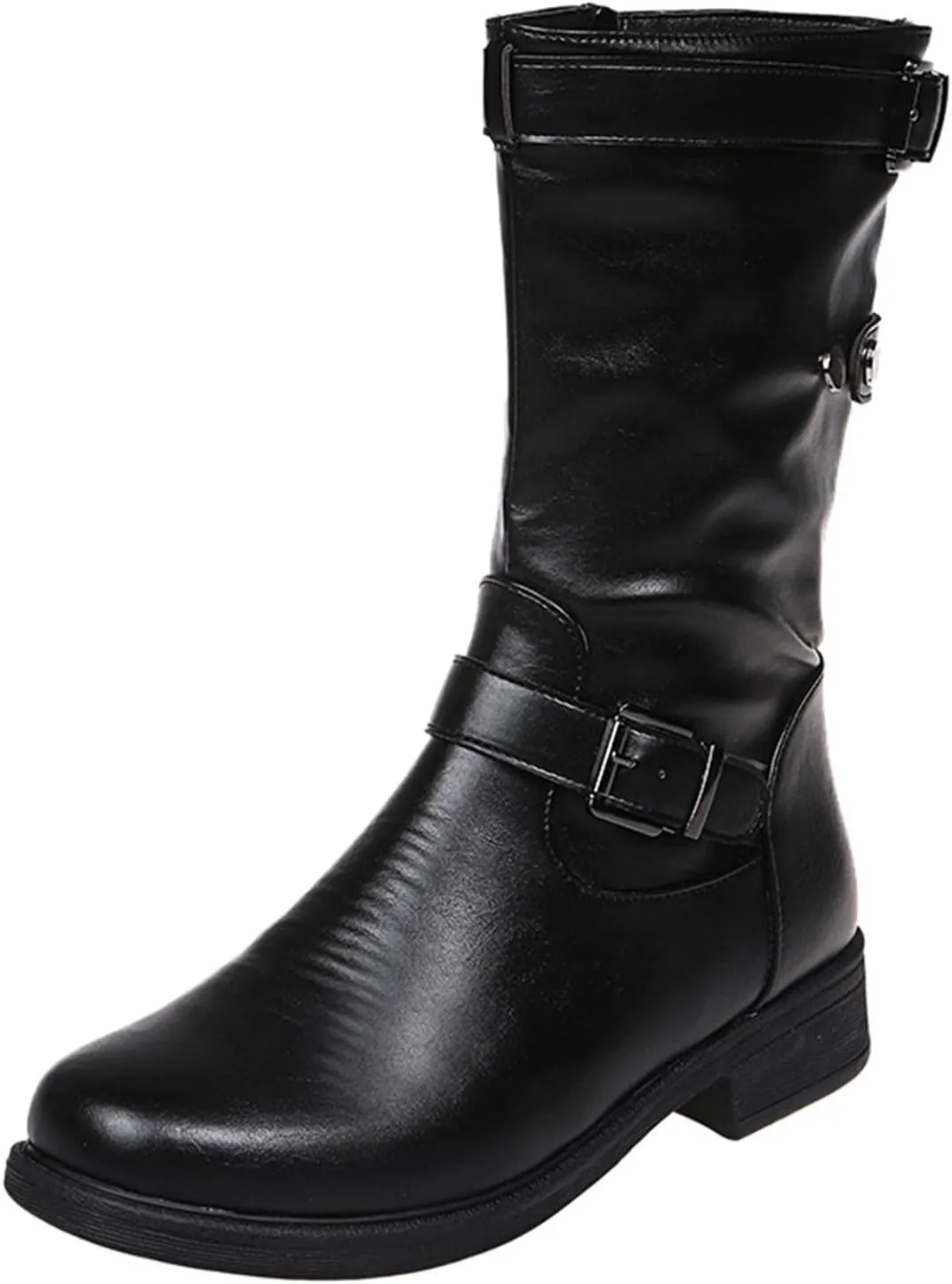 Bcshiye Womens Mid Calf Booties Winter Round Toe Low Heel Comfort Slouchy Riding Booties with Side Zipper Buckle Strap
