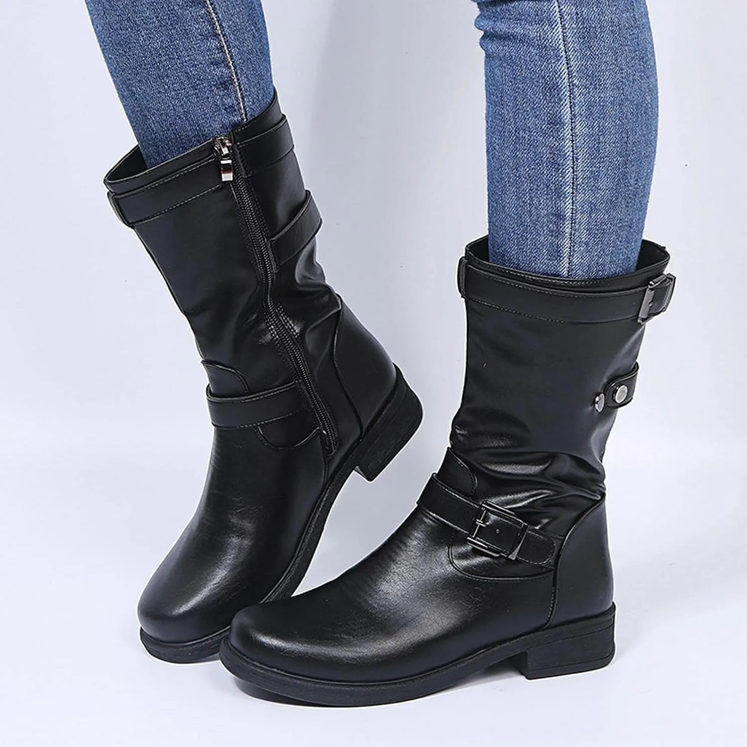 Bcshiye Womens Mid Calf Booties Winter Round Toe Low Heel Comfort Slouchy Riding Booties with Side Zipper Buckle Strap