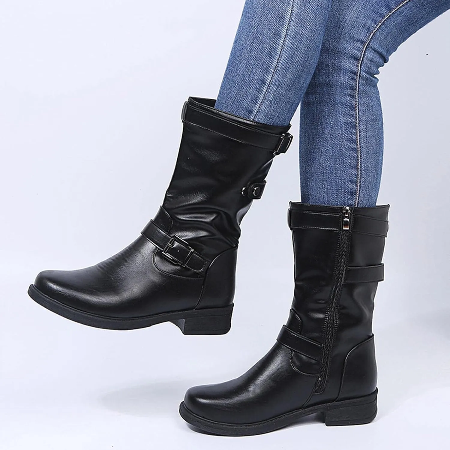 Bcshiye Womens Mid Calf Booties Winter Round Toe Low Heel Comfort Slouchy Riding Booties with Side Zipper Buckle Strap