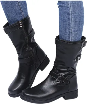 Bcshiye Womens Mid Calf Booties Winter Round Toe Low Heel Comfort Slouchy Riding Booties with Side Zipper Buckle Strap
