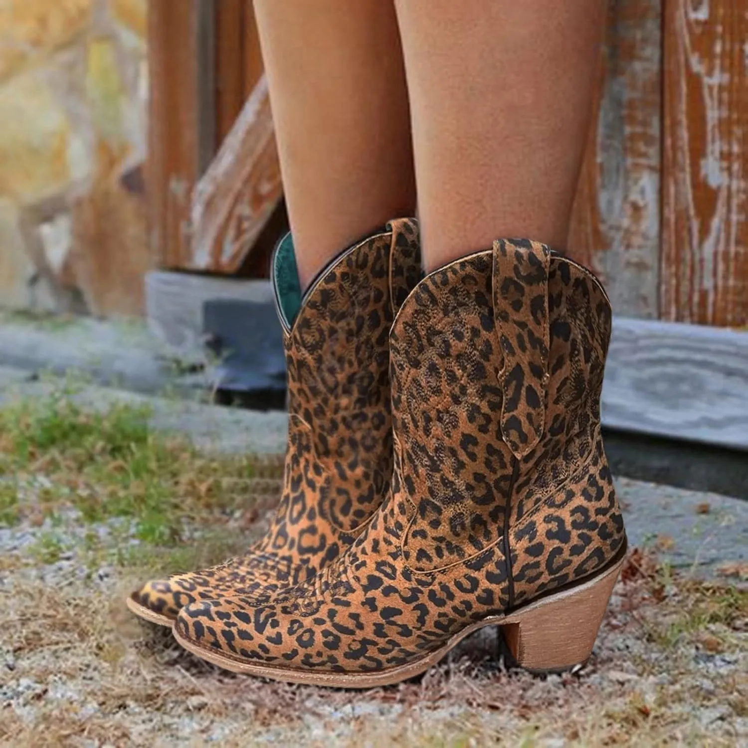 Combat Boots Womens Leopard Print Embroidery Cowboy Boots Chunky Heel Pointed Pull On Ankle Short Booties