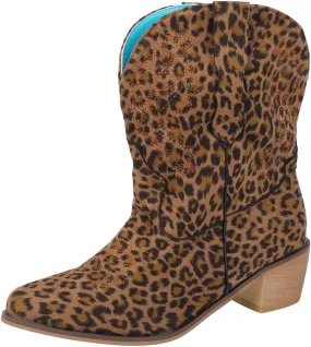 Combat Boots Womens Leopard Print Embroidery Cowboy Boots Chunky Heel Pointed Pull On Ankle Short Booties
