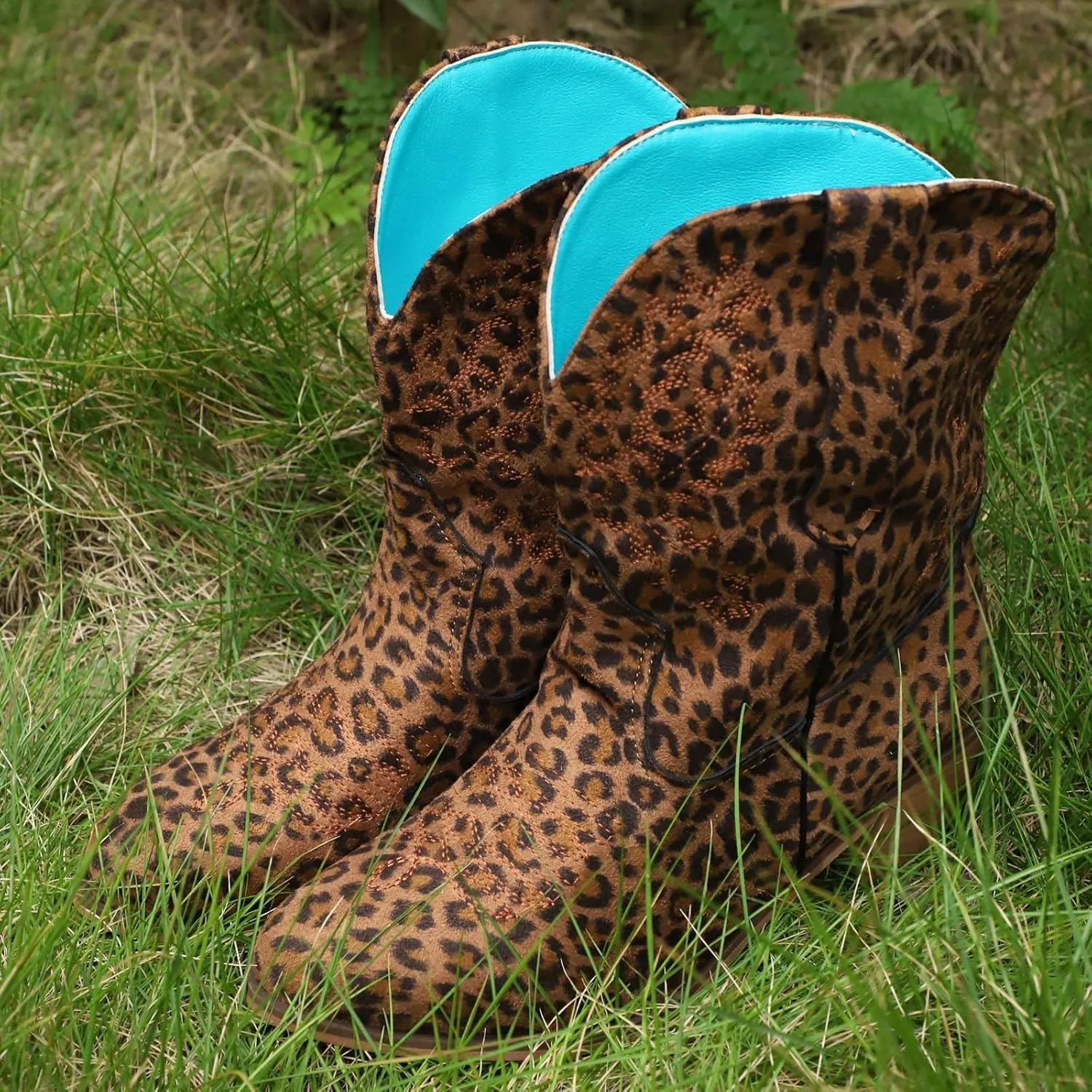 Combat Boots Womens Leopard Print Embroidery Cowboy Boots Chunky Heel Pointed Pull On Ankle Short Booties