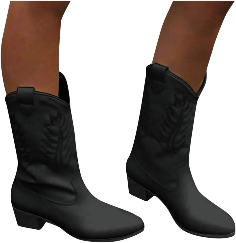 Cowboy Boots For Women Retro Pointed Cowboys Boots Pull On Chunky Heel Western Mid-Calf Ankle Short Booties