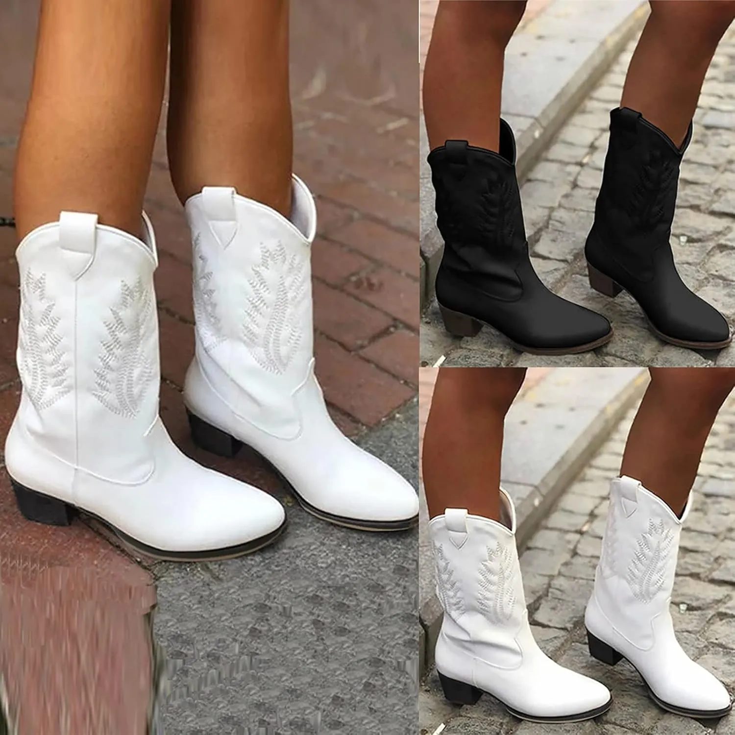 Cowboy Boots For Women Retro Pointed Cowboys Boots Pull On Chunky Heel Western Mid-Calf Ankle Short Booties
