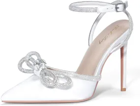 Elisabet Tang Women's High Heel Pumps,Satin Rhinestone Bowknot Lace Up Sandals Pointed Toe Ankle Buckle Straps Pump Stiletto Sandals