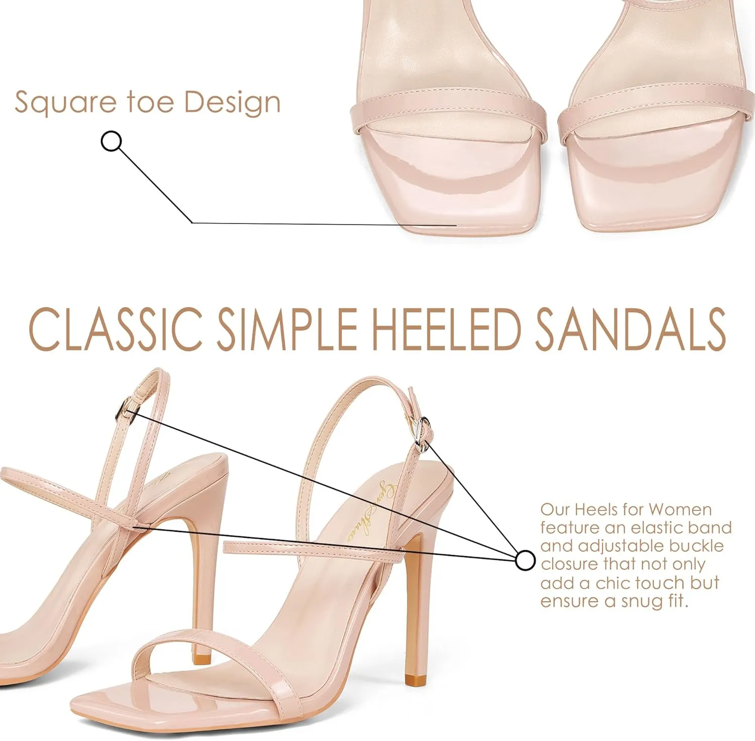 GENSHUO Womens 4 inches Heeled Sandals Square Open Toe Ankle Strap Stiletto High Heel Sandals Dress Wedding Party Heels