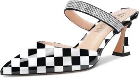 HEUIVZAR Women Chunky Block Mid Heel Pointed Toe Sandals Slingback Slip-on Rhinestone Crystal Party Dress 2.6 Inches Heels