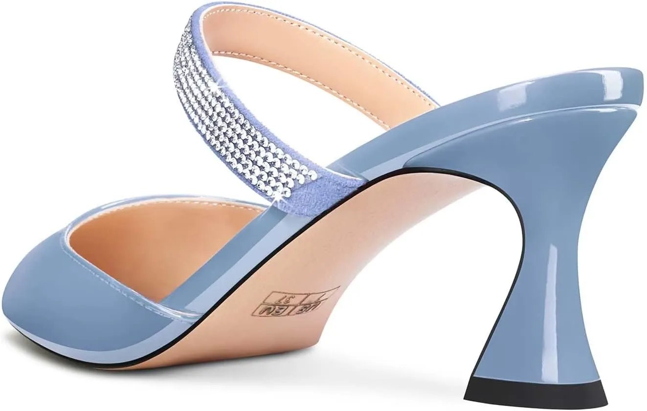 HEUIVZAR Women Chunky Block Mid Heel Pointed Toe Sandals Slingback Slip-on Rhinestone Crystal Party Dress 2.6 Inches Heels