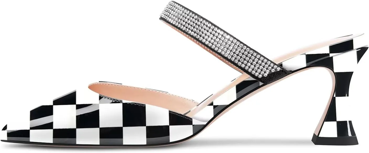 HEUIVZAR Women Chunky Block Mid Heel Pointed Toe Sandals Slingback Slip-on Rhinestone Crystal Party Dress 2.6 Inches Heels