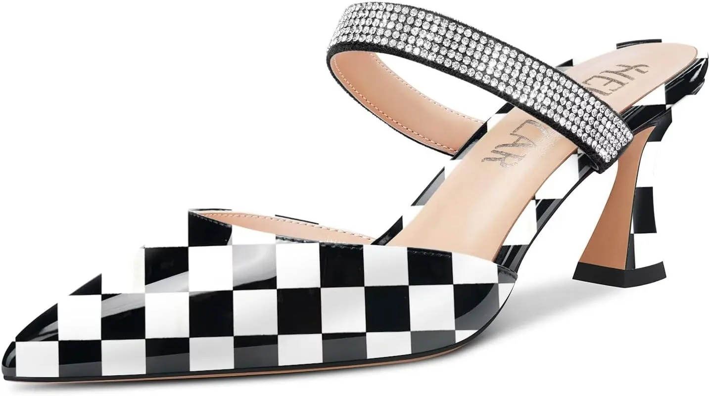 HEUIVZAR Women Chunky Block Mid Heel Pointed Toe Sandals Slingback Slip-on Rhinestone Crystal Party Dress 2.6 Inches Heels