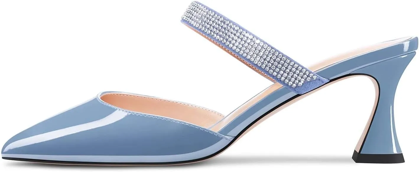 HEUIVZAR Women Chunky Block Mid Heel Pointed Toe Sandals Slingback Slip-on Rhinestone Crystal Party Dress 2.6 Inches Heels