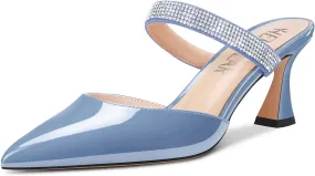 HEUIVZAR Women Chunky Block Mid Heel Pointed Toe Sandals Slingback Slip-on Rhinestone Crystal Party Dress 2.6 Inches Heels