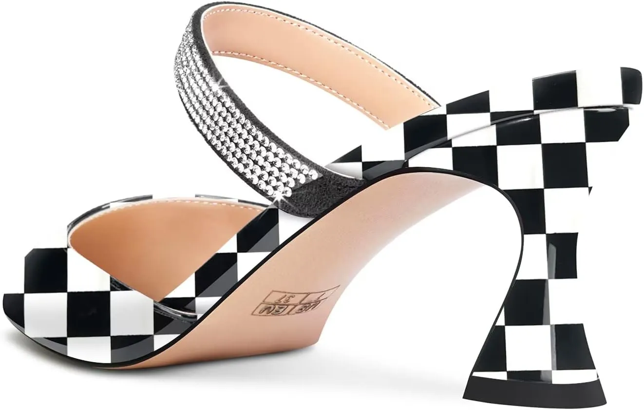 HEUIVZAR Women Chunky Block Mid Heel Pointed Toe Sandals Slingback Slip-on Rhinestone Crystal Party Dress 2.6 Inches Heels