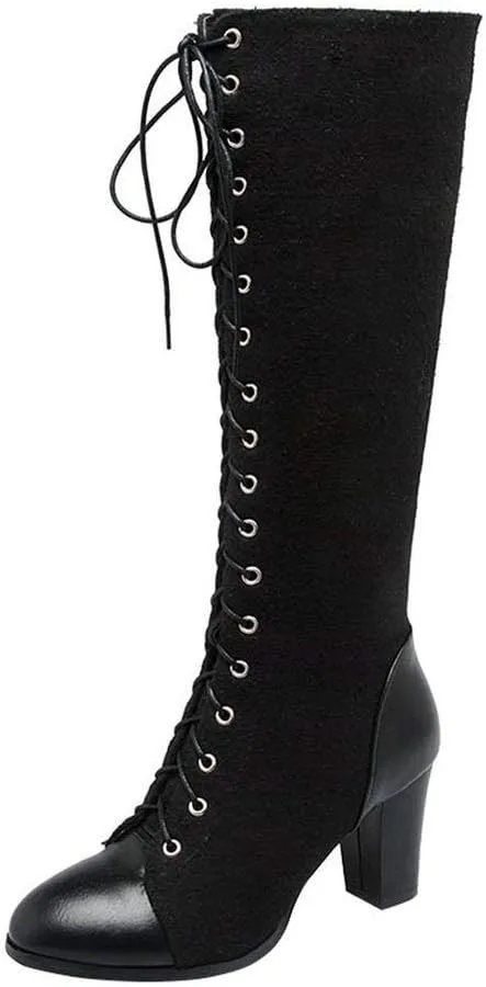 KOKOMOMO Womens High Block Heel Lace Up Knee High Boots with Zip Ladies Mid Calf Combat Boots