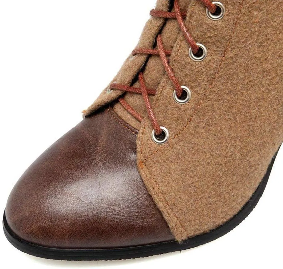 KOKOMOMO Womens High Block Heel Lace Up Knee High Boots with Zip Ladies Mid Calf Combat Boots