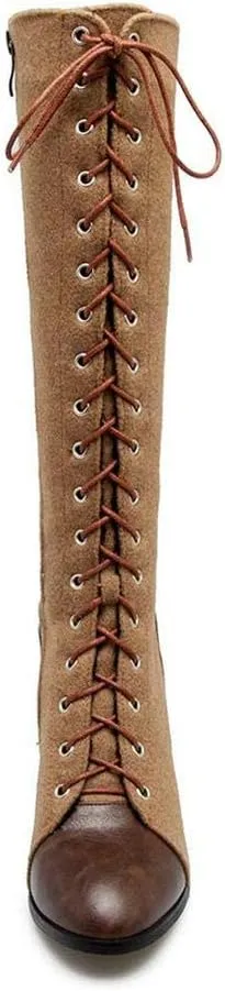 KOKOMOMO Womens High Block Heel Lace Up Knee High Boots with Zip Ladies Mid Calf Combat Boots