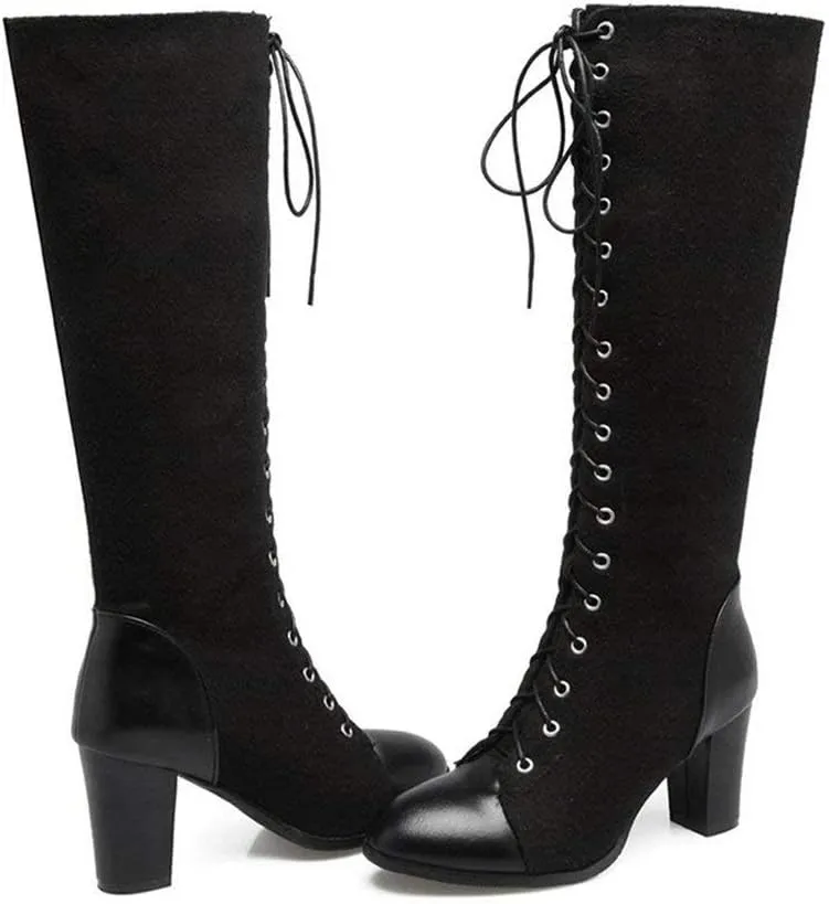 KOKOMOMO Womens High Block Heel Lace Up Knee High Boots with Zip Ladies Mid Calf Combat Boots