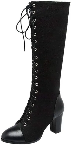 KOKOMOMO Womens High Block Heel Lace Up Knee High Boots with Zip Ladies Mid Calf Combat Boots