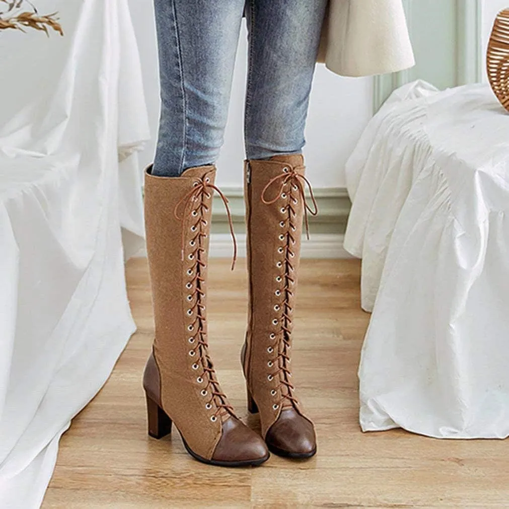 KOKOMOMO Womens High Block Heel Lace Up Knee High Boots with Zip Ladies Mid Calf Combat Boots