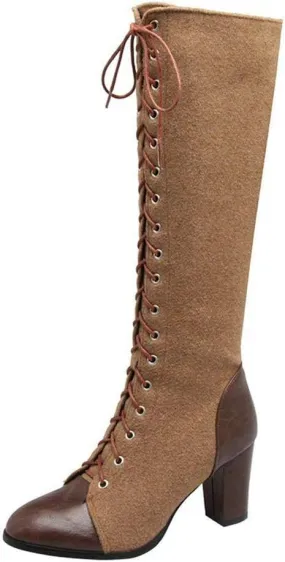 KOKOMOMO Womens High Block Heel Lace Up Knee High Boots with Zip Ladies Mid Calf Combat Boots