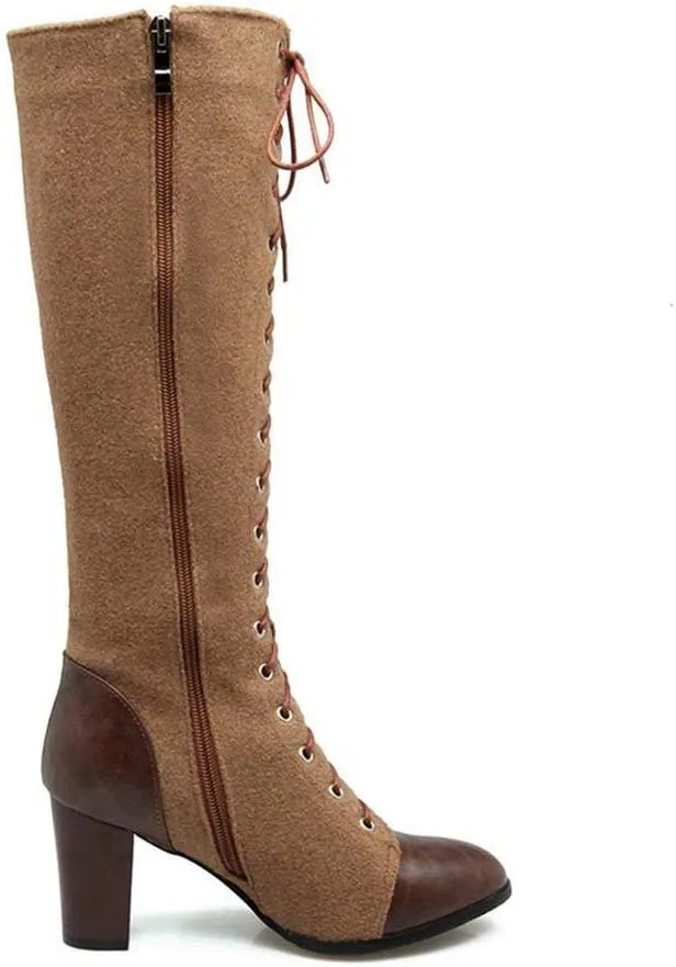 KOKOMOMO Womens High Block Heel Lace Up Knee High Boots with Zip Ladies Mid Calf Combat Boots