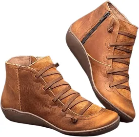 Ladmiple Ankle Boots For Women No Heel Casual High Top Side Zipper Short Booties Western Cowboy Cowgirl Walking Shoes