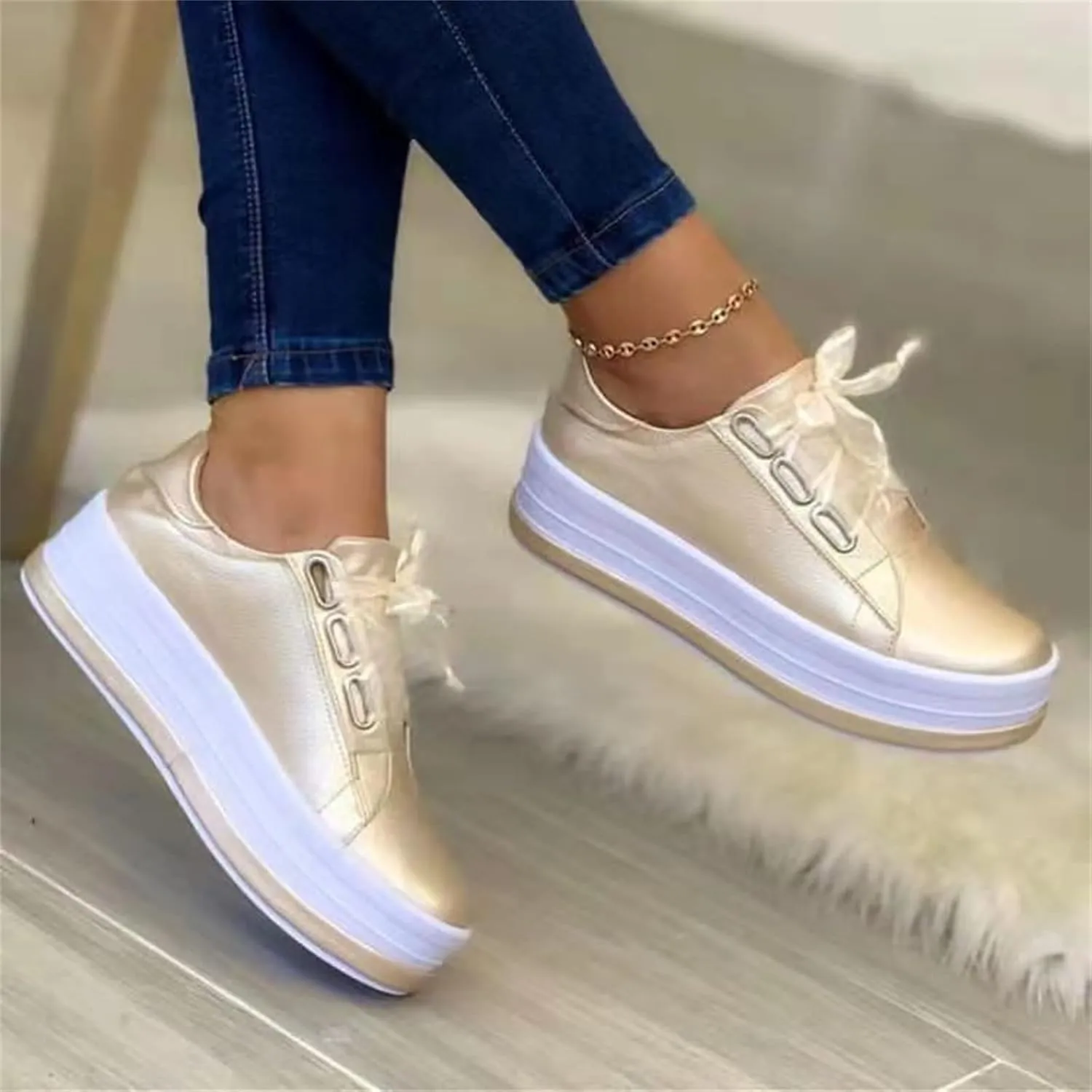 Ladmiple Sneakers For Women Slip On Wide Width Leather Walking Shoes Lace Up Dressy Casual Summer Platform Flats Loafers