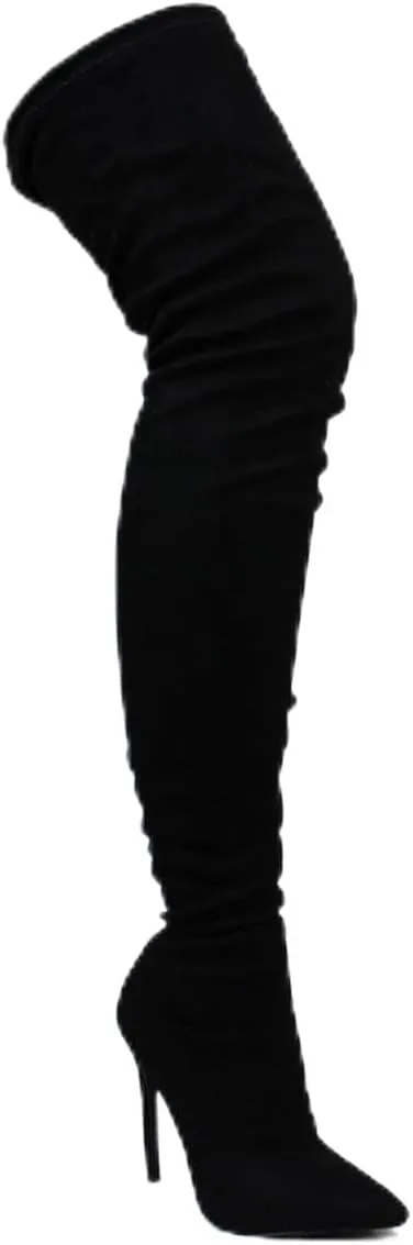 Liliana Women's Stretchy Thigh High Boot - Fashionable and Comfort Pointed Toe Stiletto High Heel Over-The-Knee for Maximum Style, GISELE-7, GISELE-7(Black Suede, Size 6)