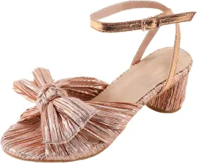 Sandals Women Bow Knot Heeled Sandals Open Toe High Block Heels Ankle Strap Chunky Heels Bride Wedding Shoes