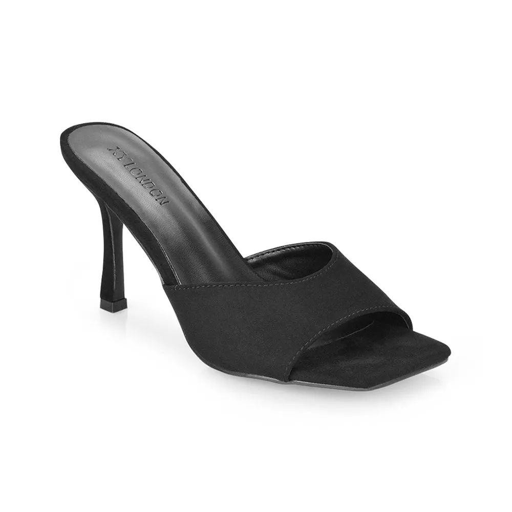 Sia Stiletto High Heeled Slip on Square Toe Mule Sandals in Red Faux Suede