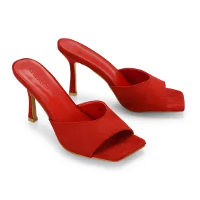 Sia Stiletto High Heeled Slip on Square Toe Mule Sandals in Red Faux Suede