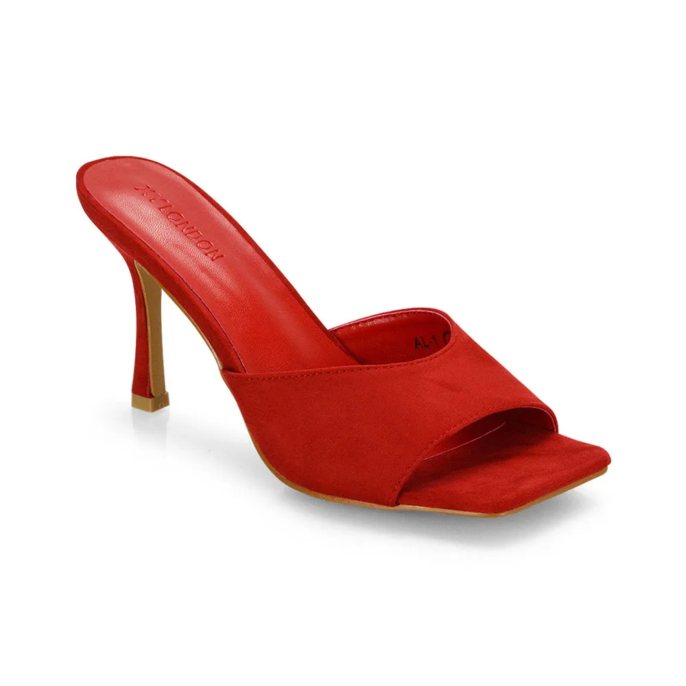 Sia Stiletto High Heeled Slip on Square Toe Mule Sandals in Red Faux Suede