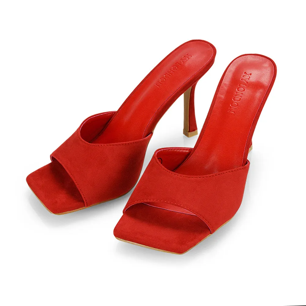 Sia Stiletto High Heeled Slip on Square Toe Mule Sandals in Red Faux Suede