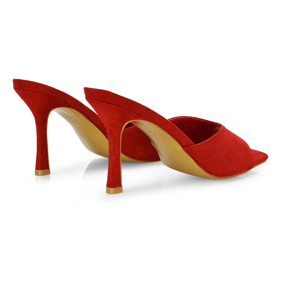 Sia Stiletto High Heeled Slip on Square Toe Mule Sandals in Red Faux Suede