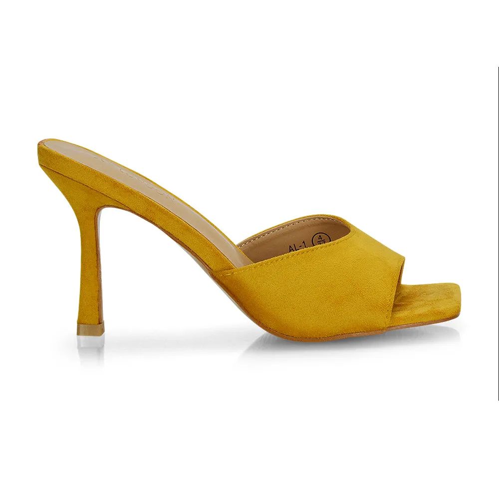 Sia Stiletto High Heeled Slip on Square Toe Mule Sandals in Red Faux Suede