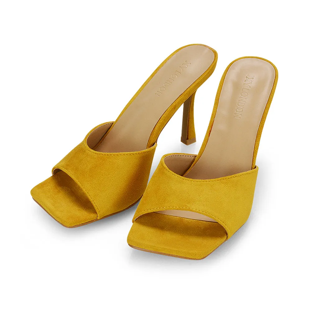 Sia Stiletto High Heeled Slip on Square Toe Mule Sandals in Red Faux Suede