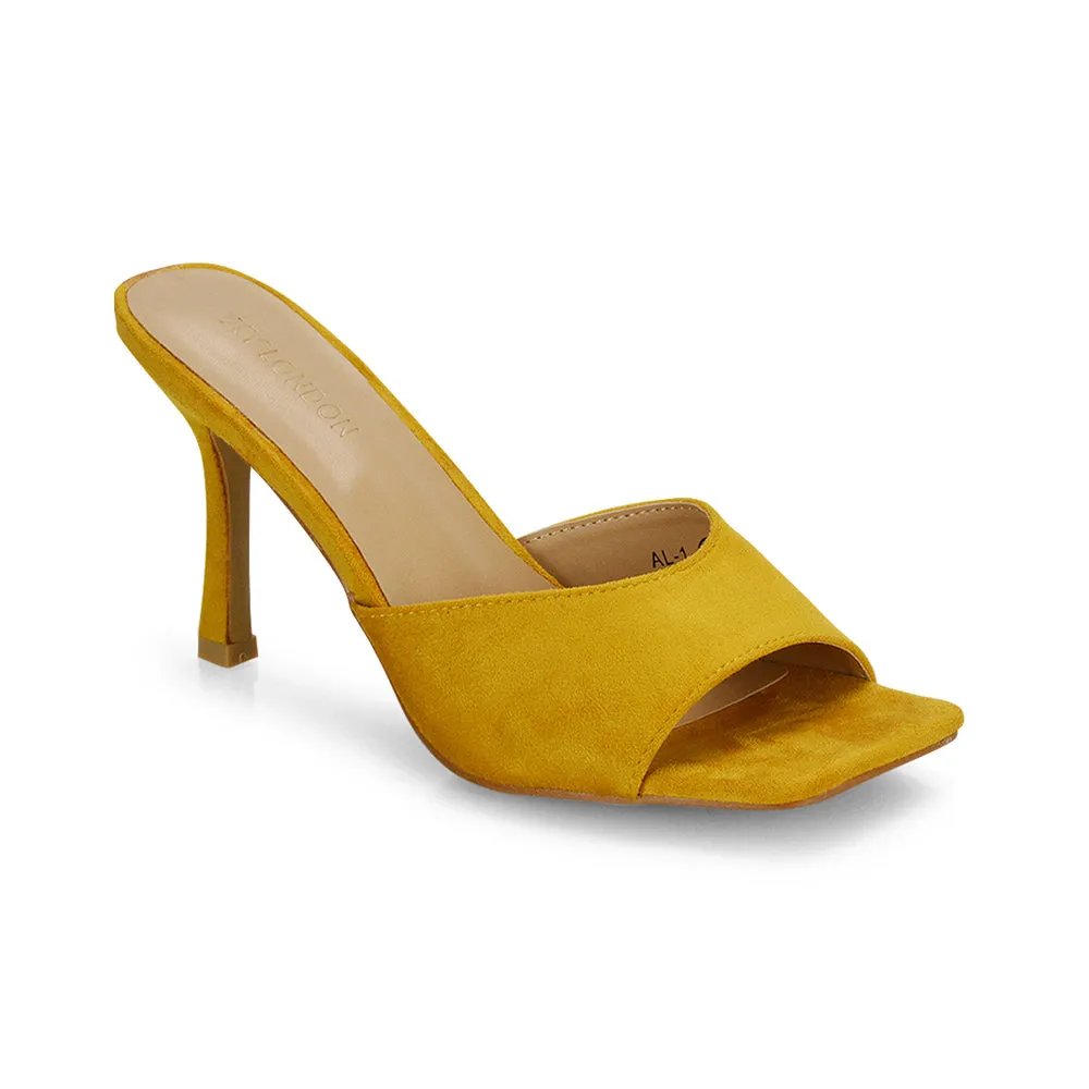 Sia Stiletto High Heeled Slip on Square Toe Mule Sandals in Red Faux Suede