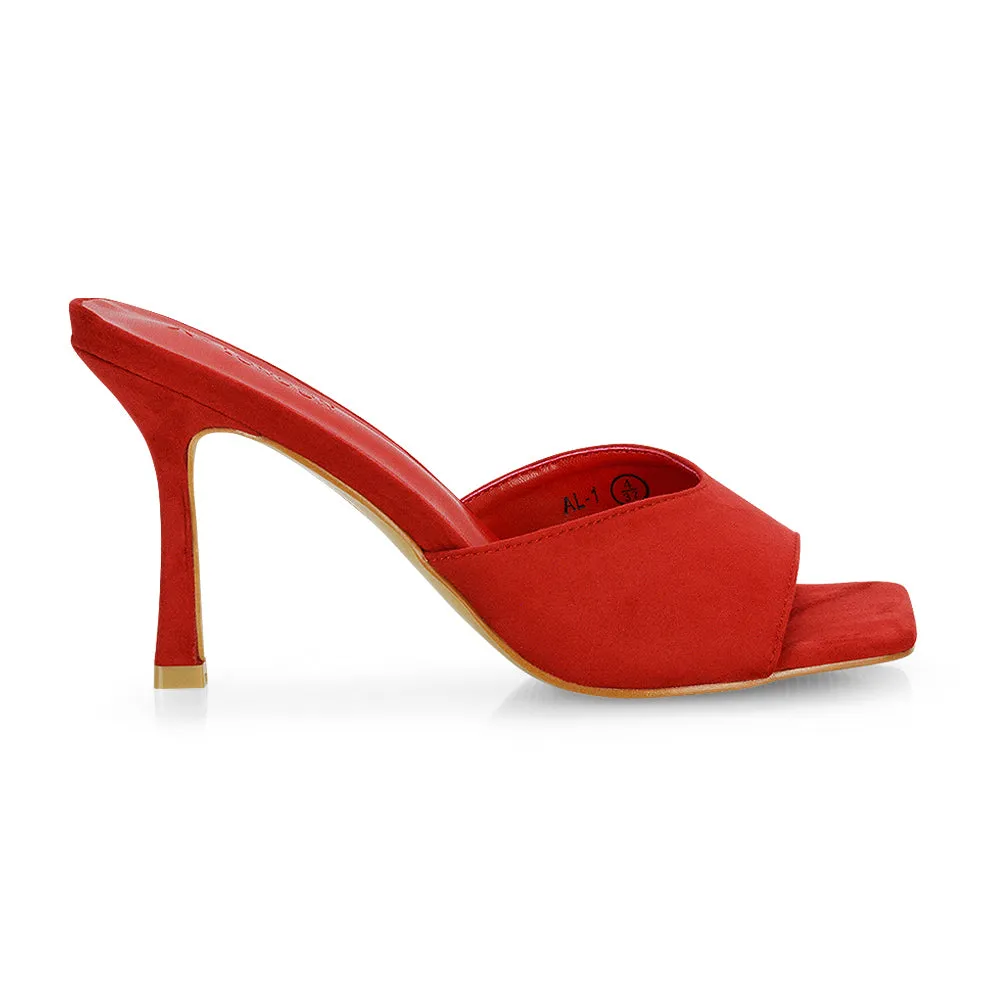 Sia Stiletto High Heeled Slip on Square Toe Mule Sandals in Red Faux Suede