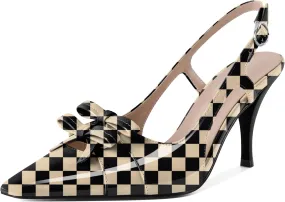 Slingback Heels Women Stilettos High Heel with Bow Square Toe Heels 3.5" Comfort Dress Pumps Shoes