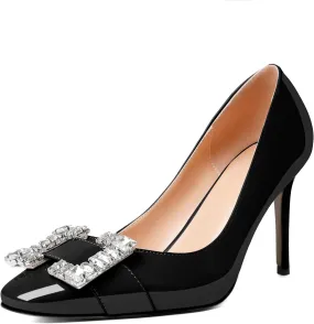 Soireelady Womens High Heel Rhinestone Crystal Pumps Closed Pointed Toe Stiletto Heels Slip On Wedding Evening Dress Shoes 3.5 Inch