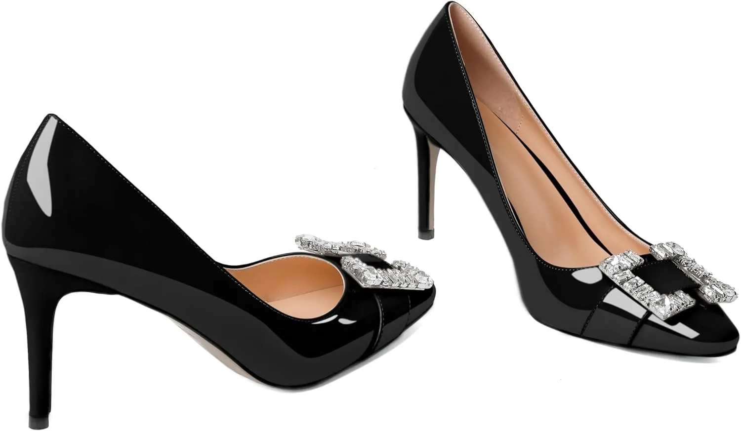 Soireelady Womens High Heel Rhinestone Crystal Pumps Closed Pointed Toe Stiletto Heels Slip On Wedding Evening Dress Shoes 3.5 Inch