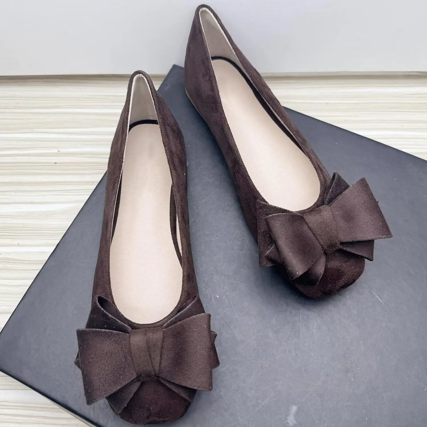 Stunner Womens Bowknot Ballet Flats Square Toe Casual Flats Comfortable Velvet Flats Slip On Work Flats