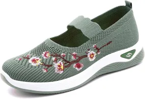 Walking Shoes Women Lightweight Breathable Knit Mesh Flat Loafers Comfy Mary Jane Non Slip Memory Foam Mom Walking Nurse Shoes Casual Soft Cushion Sneakers Green