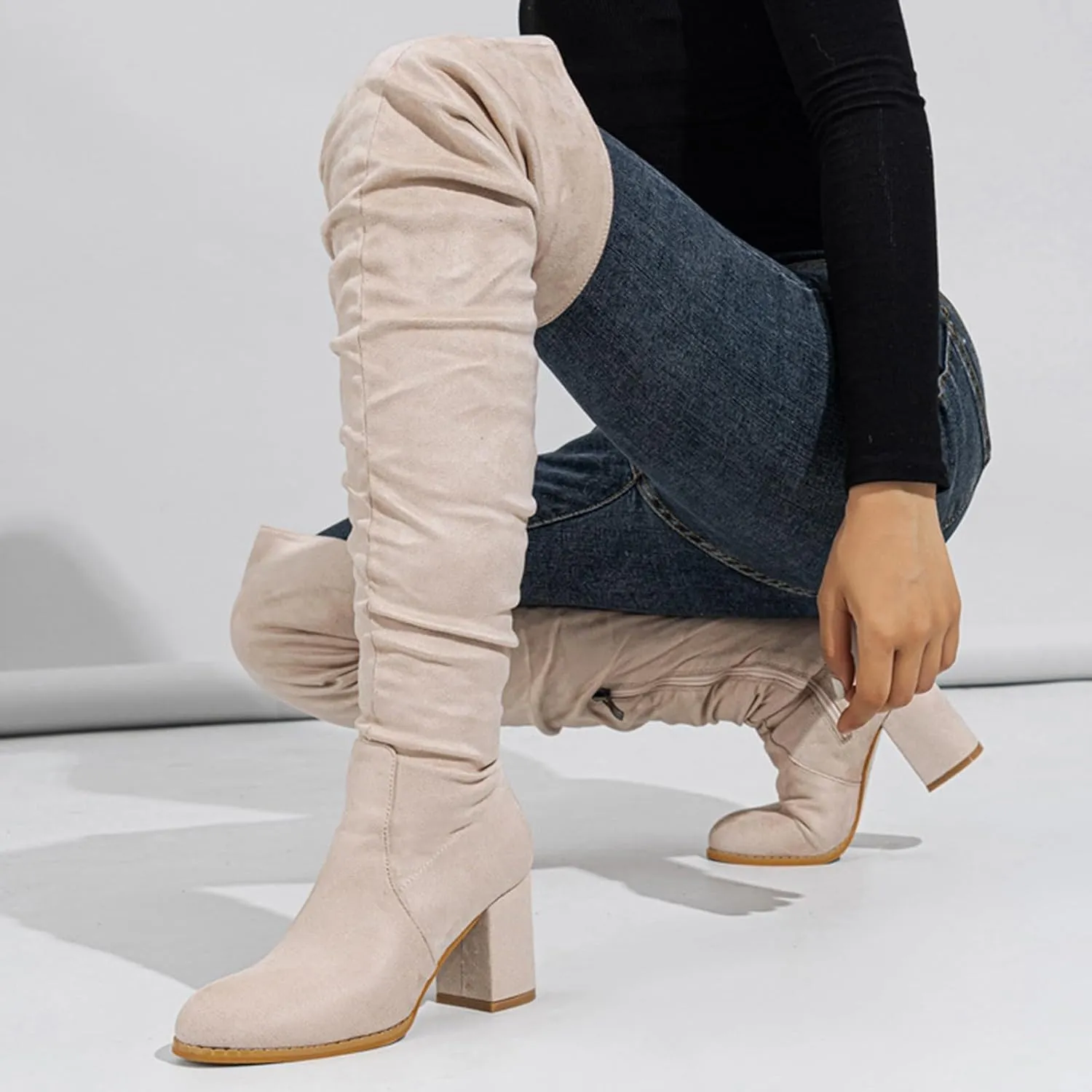 White Cowgirl Boots Square Heel Over Knee Boots Suede Zipper Thigh High Boots Chunky Heeled Tall Long Boots