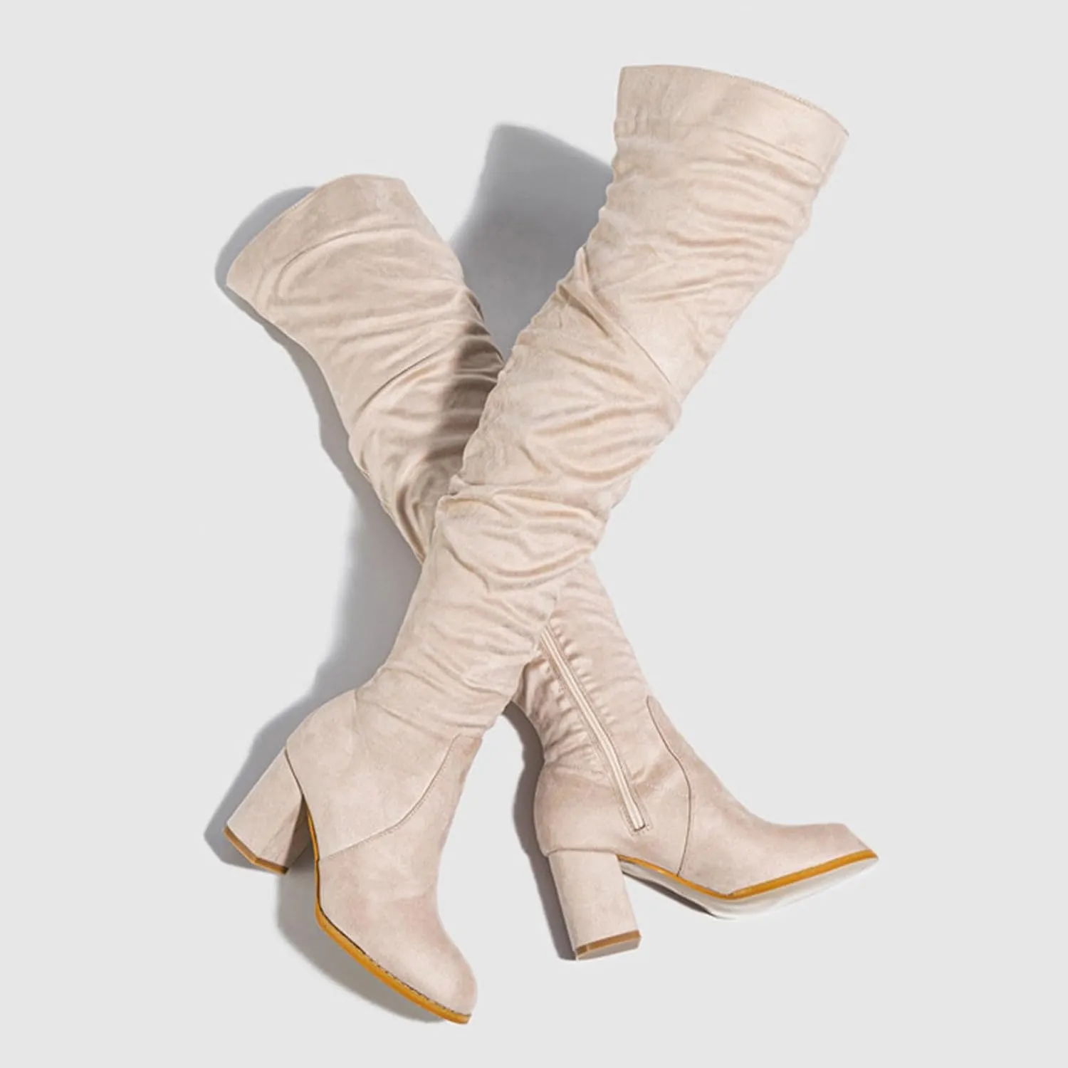 White Cowgirl Boots Square Heel Over Knee Boots Suede Zipper Thigh High Boots Chunky Heeled Tall Long Boots