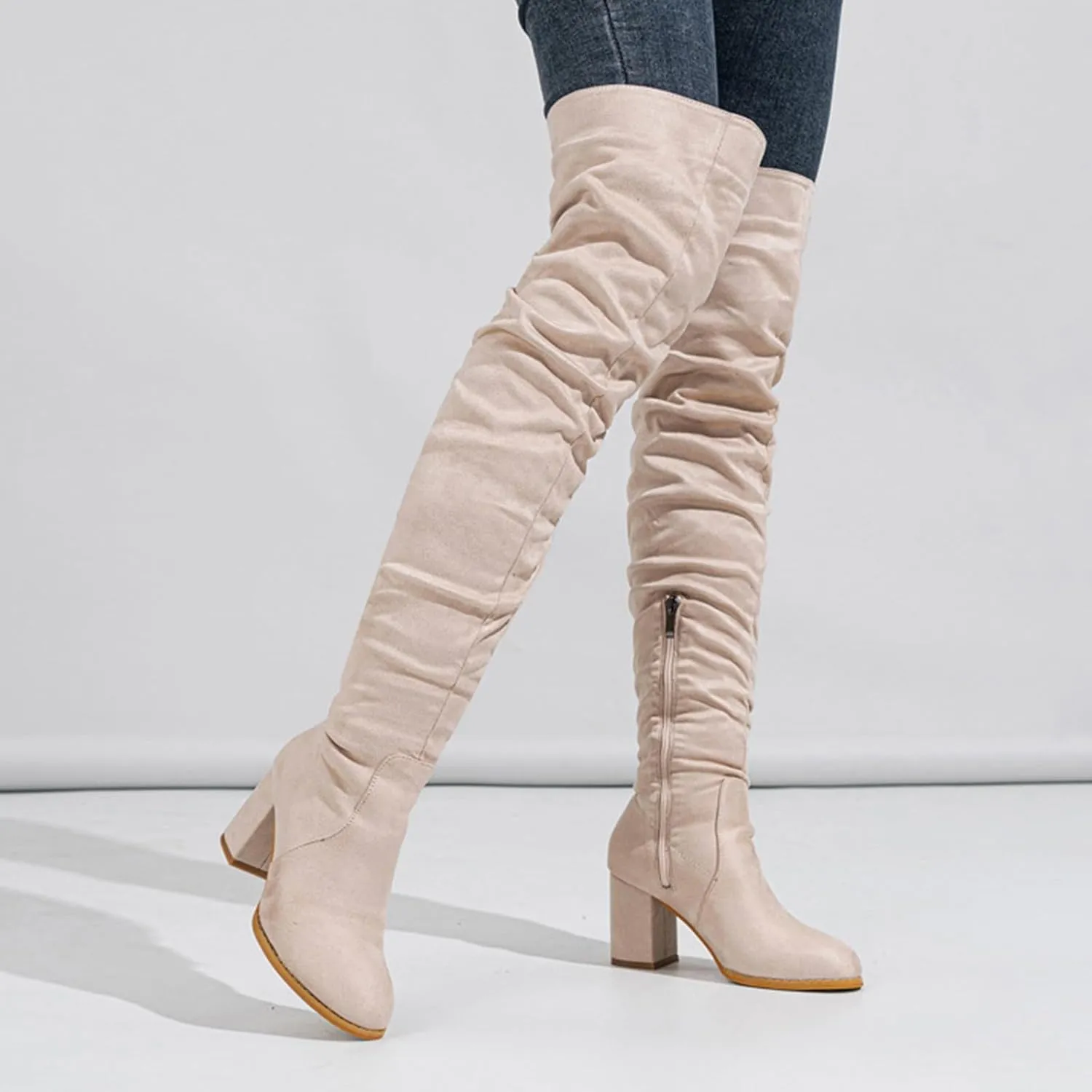 White Cowgirl Boots Square Heel Over Knee Boots Suede Zipper Thigh High Boots Chunky Heeled Tall Long Boots