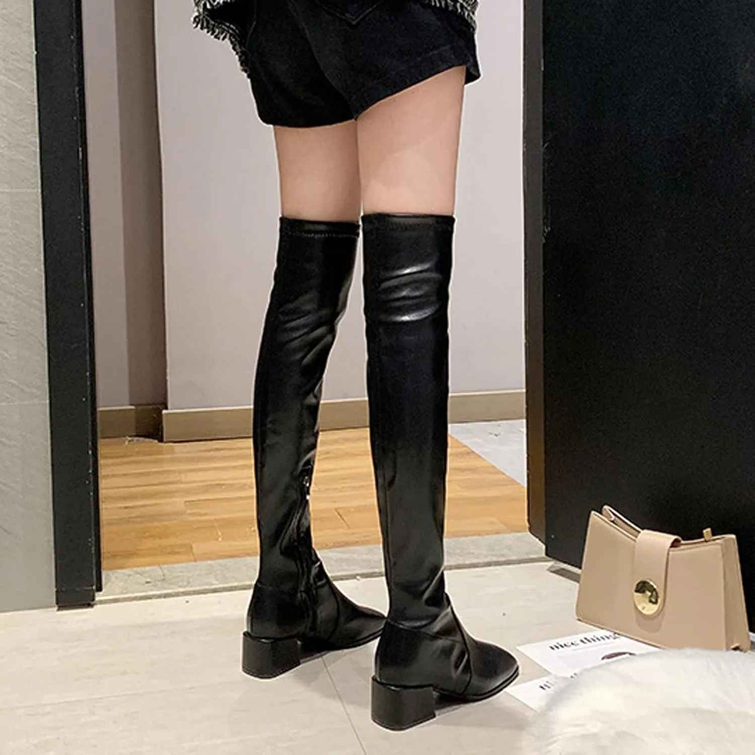 White Cowgirl Boots Square Toe Over Knee Boots Suede Zipper Thigh High Boots Chunky Heeled Tall Long Boots